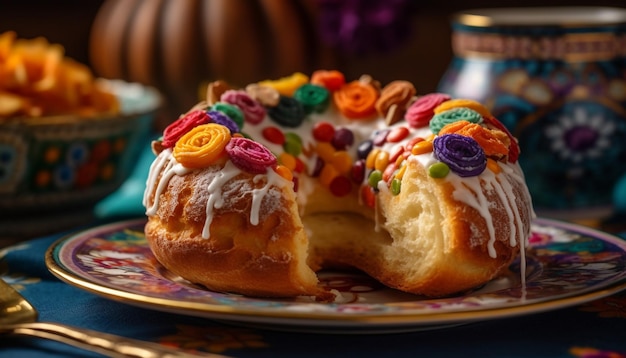 Donut multicolor con glaseado de chocolate y chispas de IA generativa
