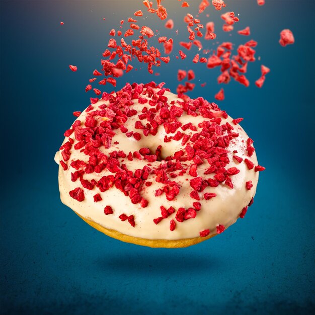 Donut volador con glaseado decorado con fresas liofilizadas en azul