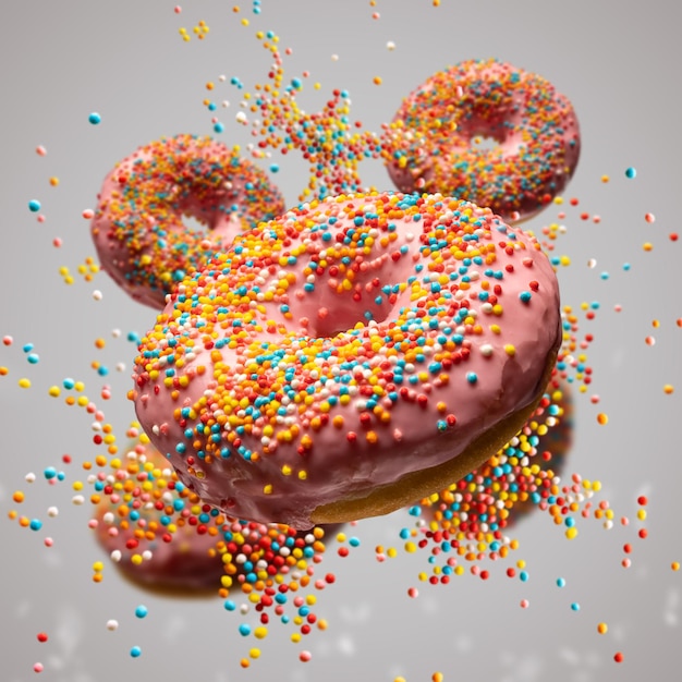 Donuts dulces voladores con sprinkels en gris
