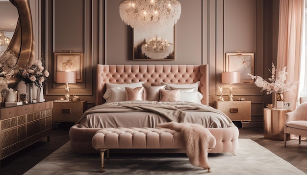 Dormitorio de lujo con diseño moderno y elegancia generada por IA