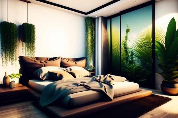 Un dormitorio con una pared de plantas verdes y una cama con la palabra palmera.