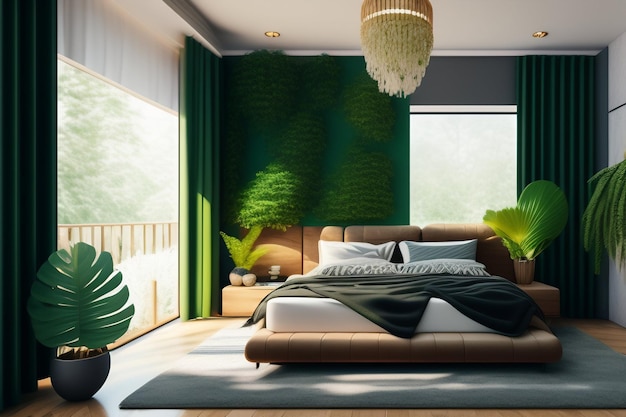 Un dormitorio con una pared verde y una cama con una almohada y una planta encima.