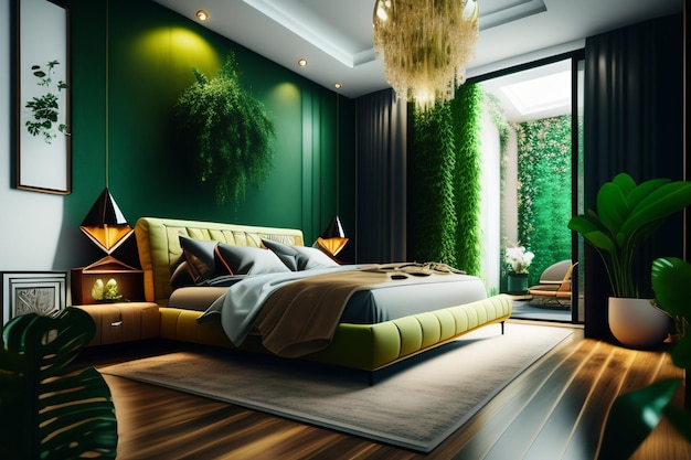 Un dormitorio con una pared verde que tiene una pared verde que tiene una pared verde que dice 'verde'
