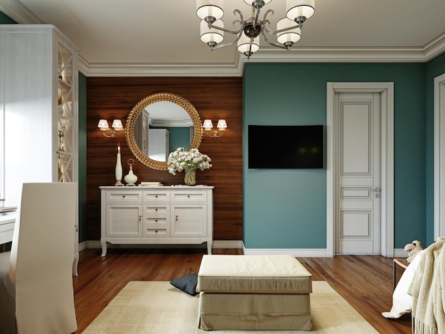 Dormitorio con sofá cama y mesa junto a la ventana, interior de estilo provenzal con muebles blancos y paredes azules. representación 3d