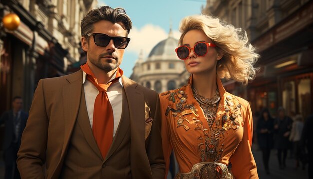 Dos adultos elegantes, un hombre y una mujer, con gafas de sol al aire libre generadas por IA