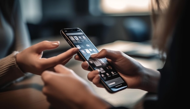 Dos adultos jóvenes sentados en el interior con teléfonos inteligentes navegando por la red generada por IA