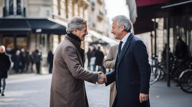 Foto gratuita dos ancianos en un traje político frente a frente y dándose la mano