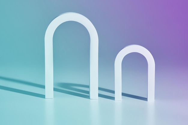 Dos arcos de diferentes tamaños sobre fondo con tonos azul violeta pastel. Vitrina minimalista para presentación de productos. representación 3D