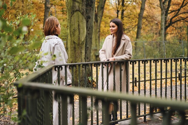 Dos atractivas chicas con estilo felizmente hablando descansando juntas en el parque de la ciudad de otoño