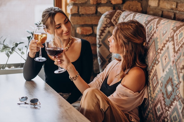 Dos atractivas chicas sentadas en un café y bebiendo vino