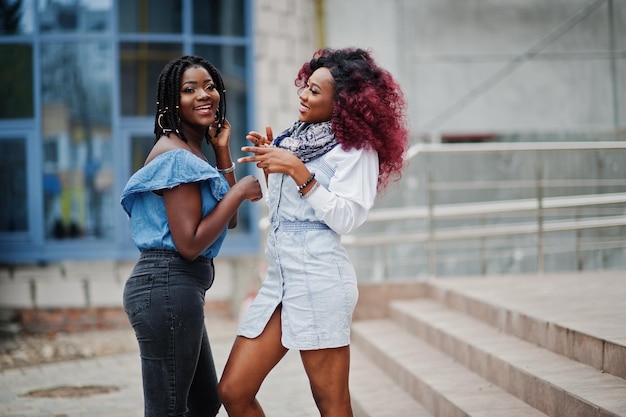 Dos atractivas mujeres afroamericanas posaron contra un moderno edificio de varios pisos