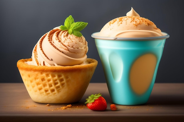 Dos bolas de helado de vainilla con una hoja de menta encima.