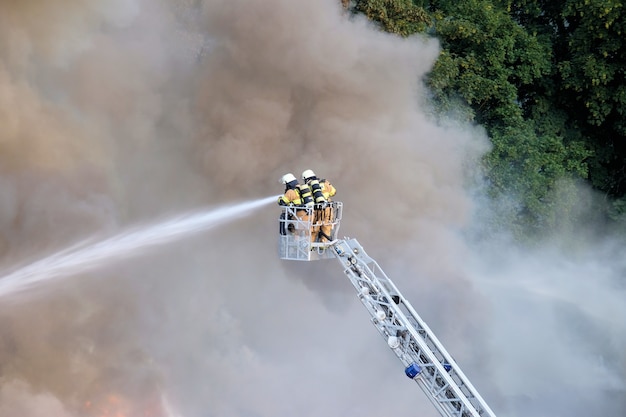 Dos bomberos tratando de detener el fuego en el bosque rodeado de humo.