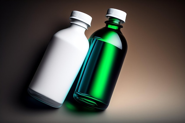 Dos botellas de líquido verde con tapas blancas sobre un fondo oscuro