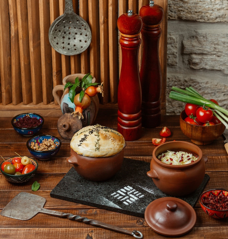 Foto gratuito dos botes de cerámica con arroz y masa de masa, servidos con encurtidos
