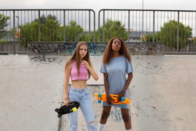 Dos chicas adolescentes pasar tiempo juntos en el parque de la pista de patinaje