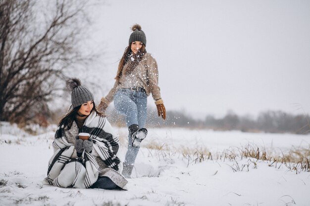Dos chicas caminando juntas en un parque de invierno