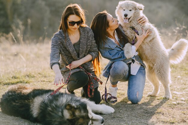 Dos chicas con estilo en un campo soleado con perros