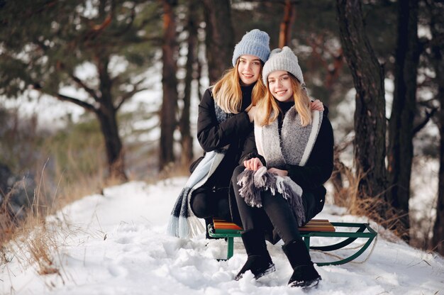 Dos chicas lindas en un parque de invierno