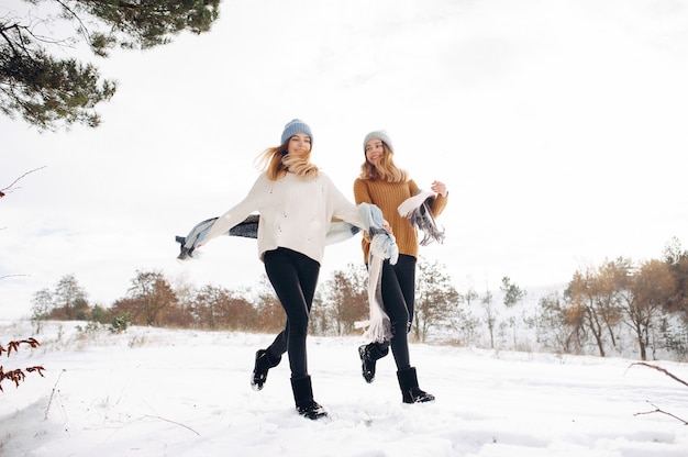 Dos chicas lindas en un parque de invierno