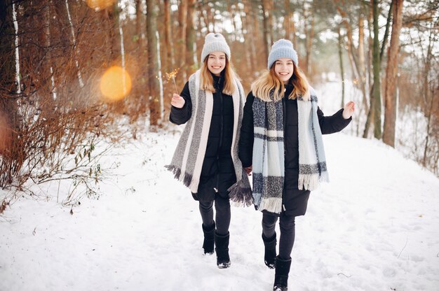 Dos chicas lindas en un parque de invierno