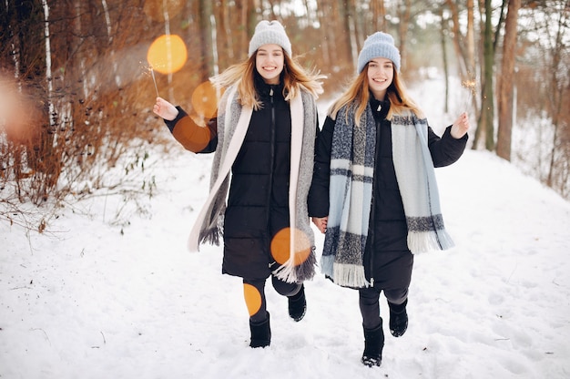 Dos chicas lindas en un parque de invierno