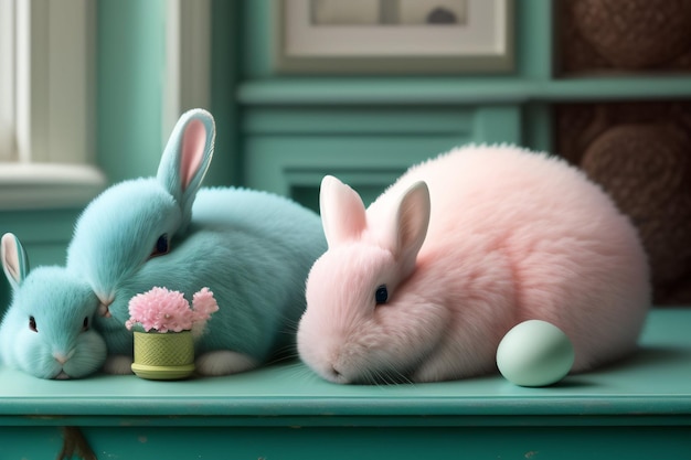 Dos conejos en una mesa con una flor rosa.