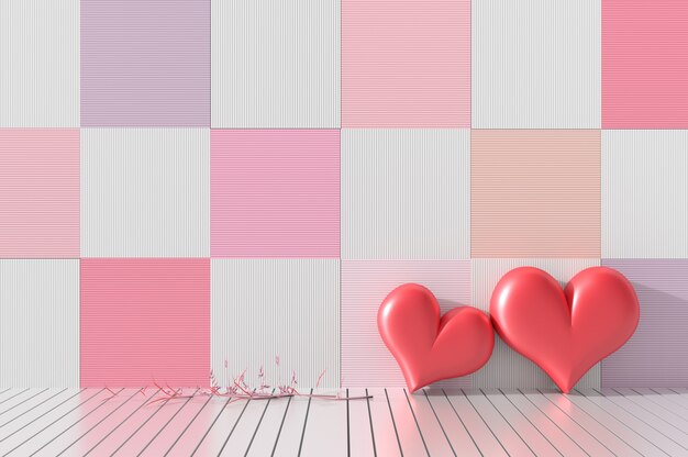 Dos Corazones Rojos En La Decoracion De Madera De La Pared Con