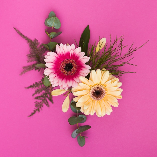 Dos flores de gerbera con ramas en la mesa