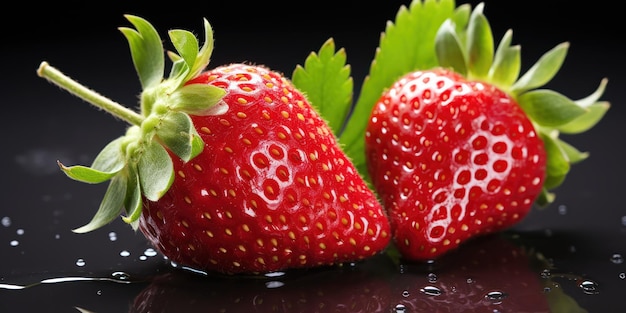 Foto gratuita dos fresas rojas brillantes con hojas verdes brillantes ofrecen un dulce deleite visual