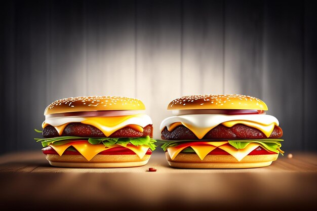Dos hamburguesas están en una mesa con una que dice "hamburguesa".