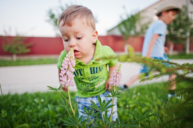 Foto gratuita dos hermanos oliendo flores pequeños investigadores de la naturaleza