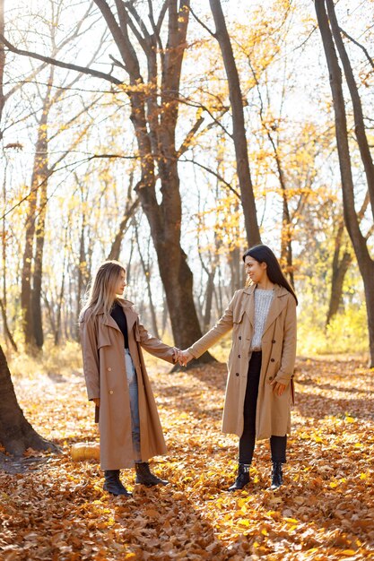 Dos hermosas amigas pasando tiempo juntas. Dos jóvenes hermanas sonrientes caminando en el parque de otoño. Chicas morenas y rubias con abrigos.
