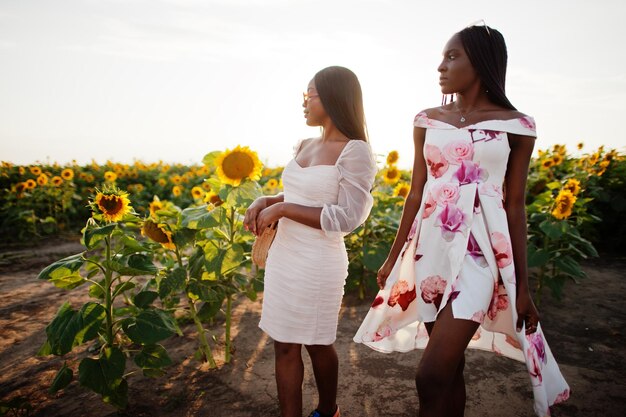 Dos hermosas jóvenes amigas negras usan pose de vestido de verano en un campo de girasoles