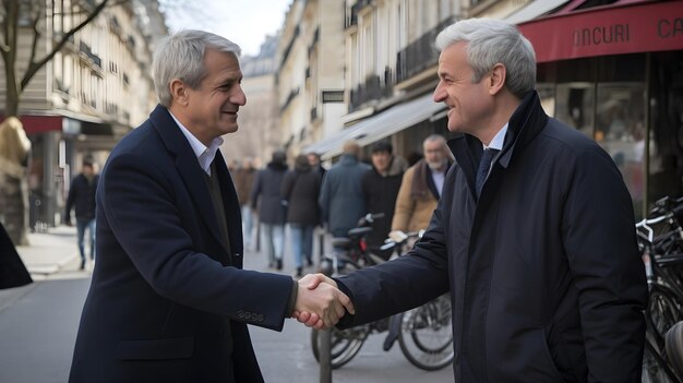 Dos hombres enfrentados, estrechándose la mano y caminando por París.