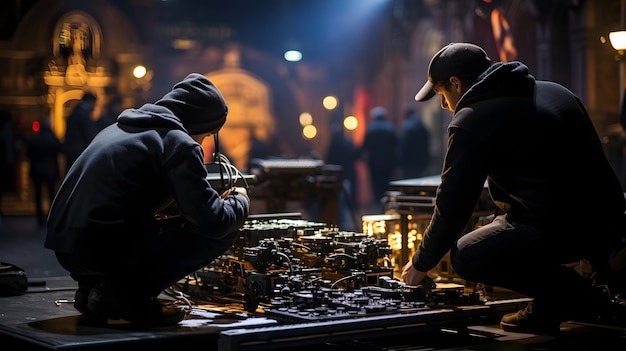 Foto gratuita dos hombres trabajando en una antigua tabla de madera