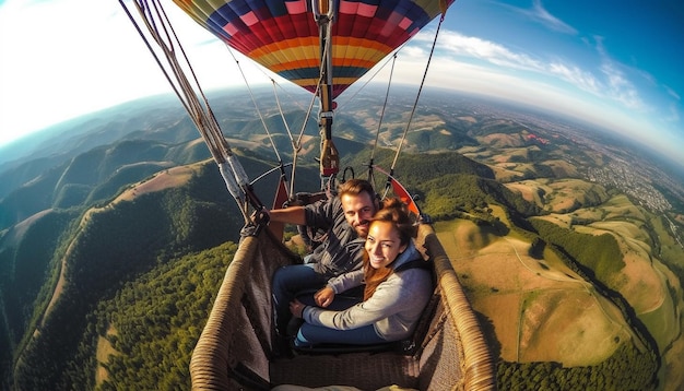 Foto gratuita dos hombres vuelan alto en un globo aerostático generado por ia