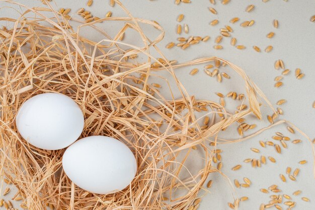 Dos huevos crudos y cebada colocados en un nido de pájaro sobre una superficie gris.