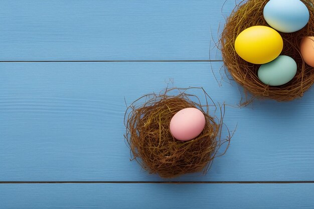 Dos huevos de pascua en un nido sobre una mesa de madera azul