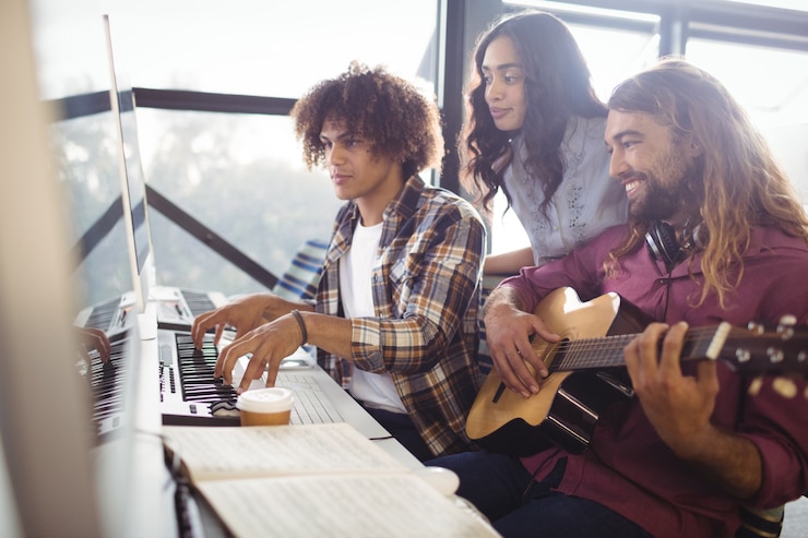 Foto gratuito dos ingenieros de sonido trabajando juntos