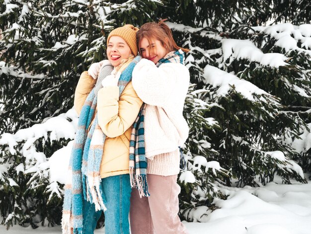 Dos joven hermosa mujer hipster sonriente en ropa de abrigo de moda y bufandas. Mujeres despreocupadas posando en la calle en el parque. Modelos puros positivos divirtiéndose en la nieve. Disfrutando de los momentos invernales. Concepto de navidad