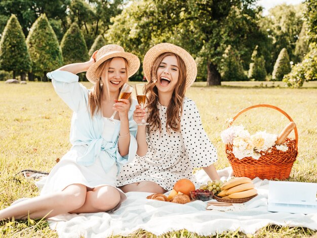 Dos jóvenes hermosas chicas hipster sonrientes en vestido de verano de moda y sombreros. Mujeres despreocupadas haciendo picnic al aire libre.