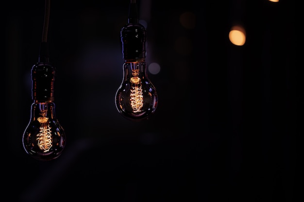 Foto gratuita dos lámparas luminosas cuelgan en la oscuridad del boke. concepto de decoración y ambiente.