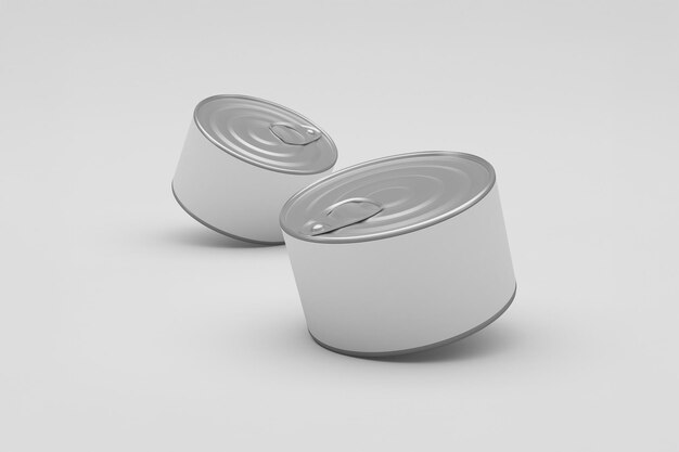 Dos latas inclinadas con etiquetas en blanco contra un telón de fondo neutral