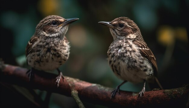 Foto gratuita dos lindos gorriones posados en una rama al aire libre generados por ia