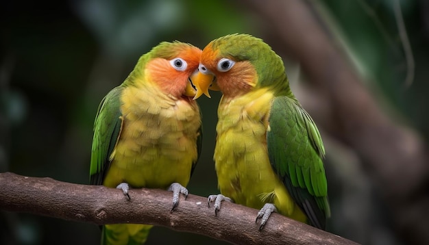 Dos loros sentados en una rama, uno de los cuales es verde y amarillo.