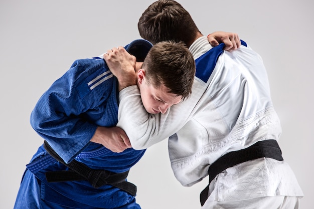 Foto gratuita los dos luchadores judokas que luchan contra hombres