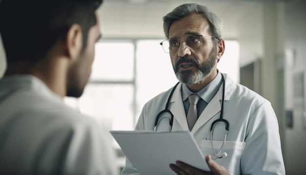 Dos médicos con batas blancas están discutiendo un documento con un hombre en el fondo.