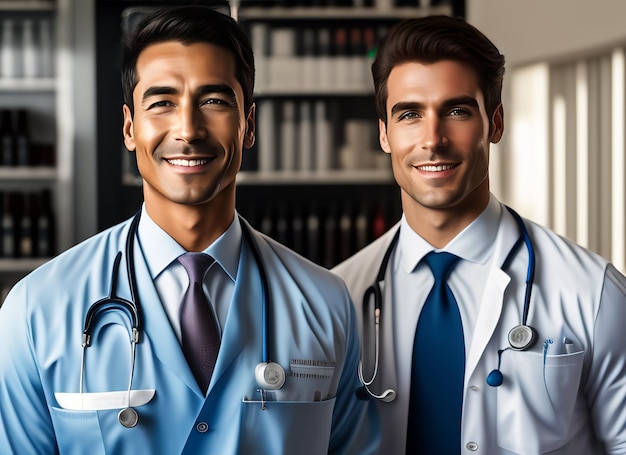 Foto gratuita dos médicos frente a un estante con una librería al fondo