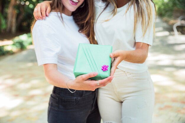 Dos mejores amigos con caja de regalo